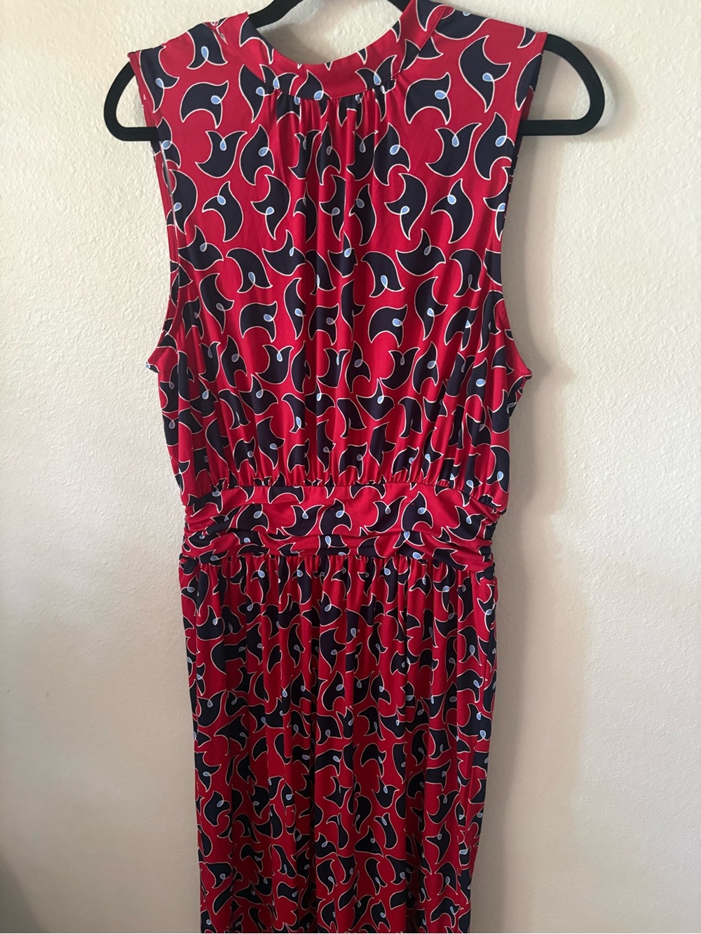 Leota Red Midi Dress with Navy Abstract Motif